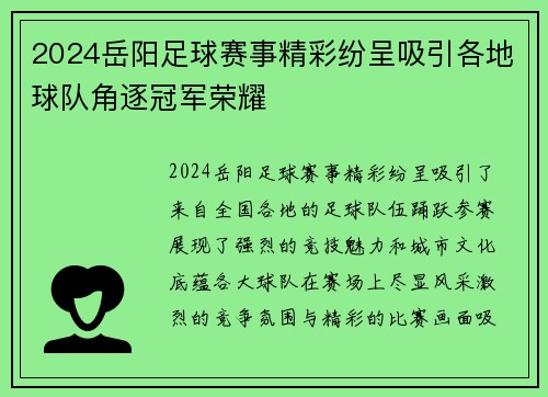 2024岳阳足球赛事精彩纷呈吸引各地球队角逐冠军荣耀