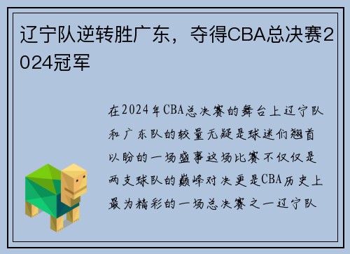 辽宁队逆转胜广东，夺得CBA总决赛2024冠军