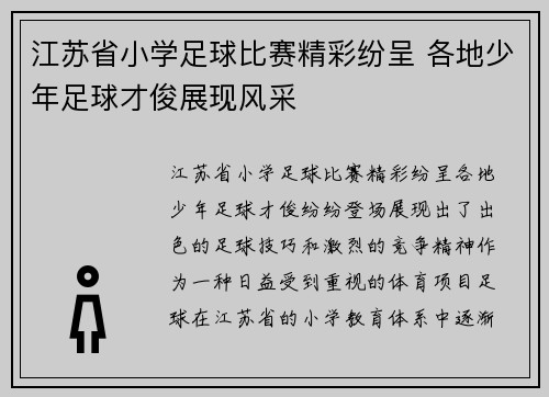江苏省小学足球比赛精彩纷呈 各地少年足球才俊展现风采