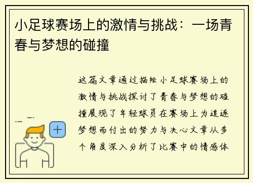小足球赛场上的激情与挑战：一场青春与梦想的碰撞