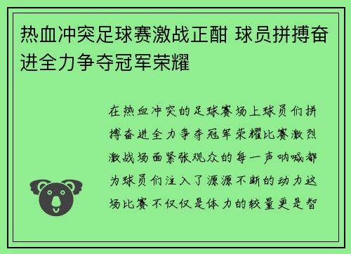 热血冲突足球赛激战正酣 球员拼搏奋进全力争夺冠军荣耀