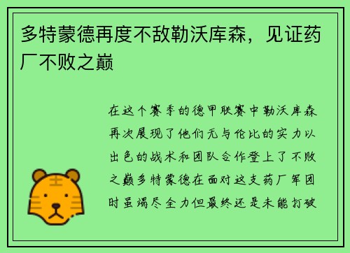 多特蒙德再度不敌勒沃库森，见证药厂不败之巅