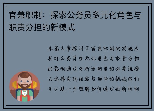 官兼职制：探索公务员多元化角色与职责分担的新模式
