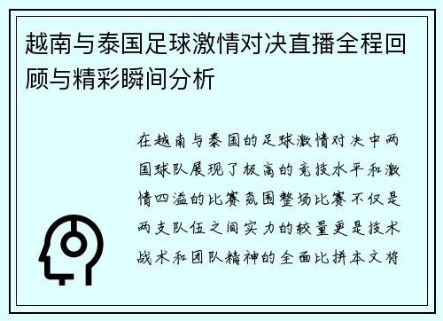 越南与泰国足球激情对决直播全程回顾与精彩瞬间分析