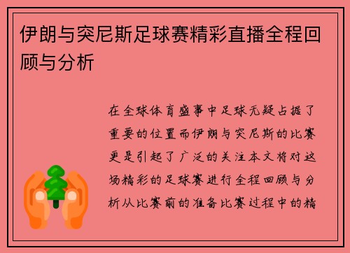 伊朗与突尼斯足球赛精彩直播全程回顾与分析