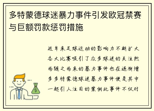 多特蒙德球迷暴力事件引发欧冠禁赛与巨额罚款惩罚措施