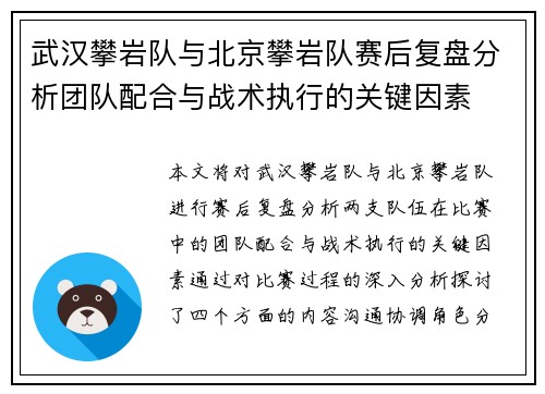 武汉攀岩队与北京攀岩队赛后复盘分析团队配合与战术执行的关键因素