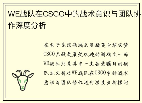 WE战队在CSGO中的战术意识与团队协作深度分析