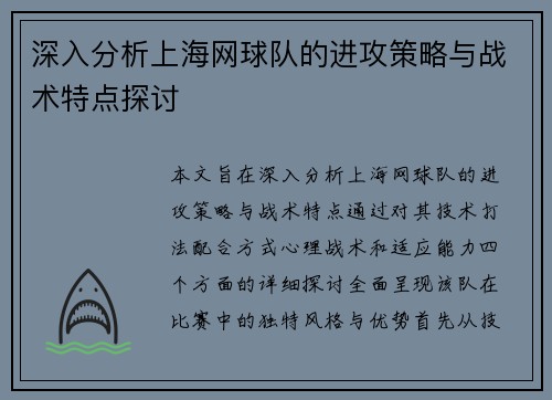 深入分析上海网球队的进攻策略与战术特点探讨